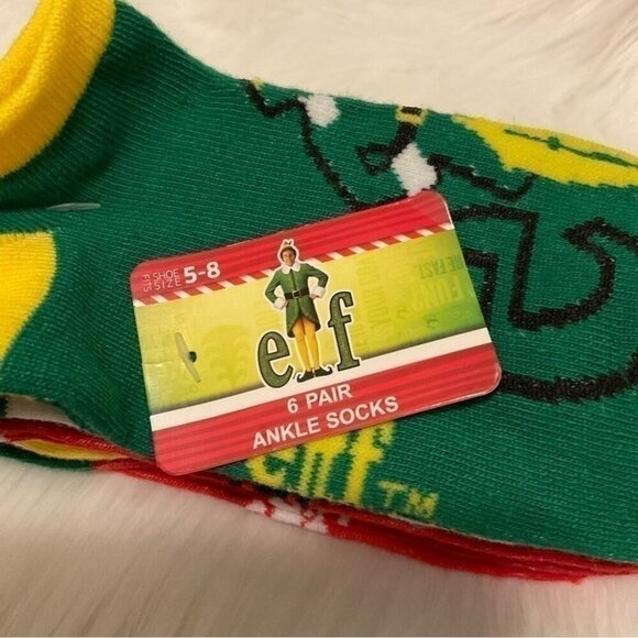ELF Movie Ankle Socks 6 Pairs Shoe Size 5 - 8 Green Yellow Xmas Will Ferrell NWT - Picture 3 of 4